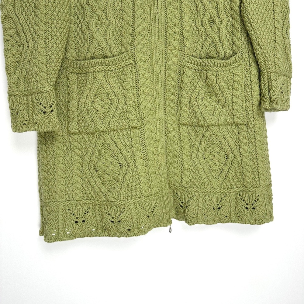 NWOT Aran Crafts Merino Wool Butterfly Stitch Long Zip Cardigan‎ Green XL - Picture 4 of 8